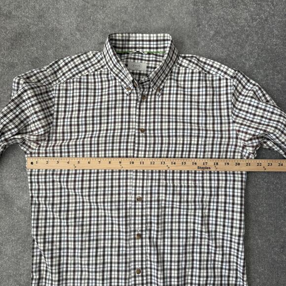 Eton Shirt Mens 16.5 42 Slim Brown Green Check Plaid Button Down Long Sleeve - Picture 8 of 12